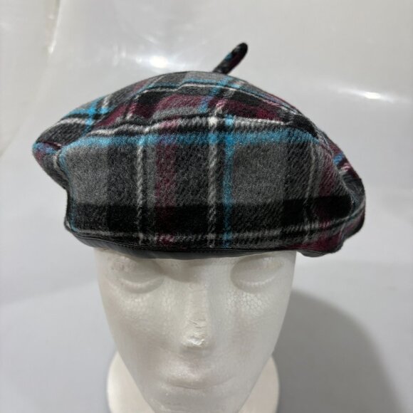Halogen Gray Burgundy Blue Lined Beret Hat One Size NEW - Picture 2 of 6